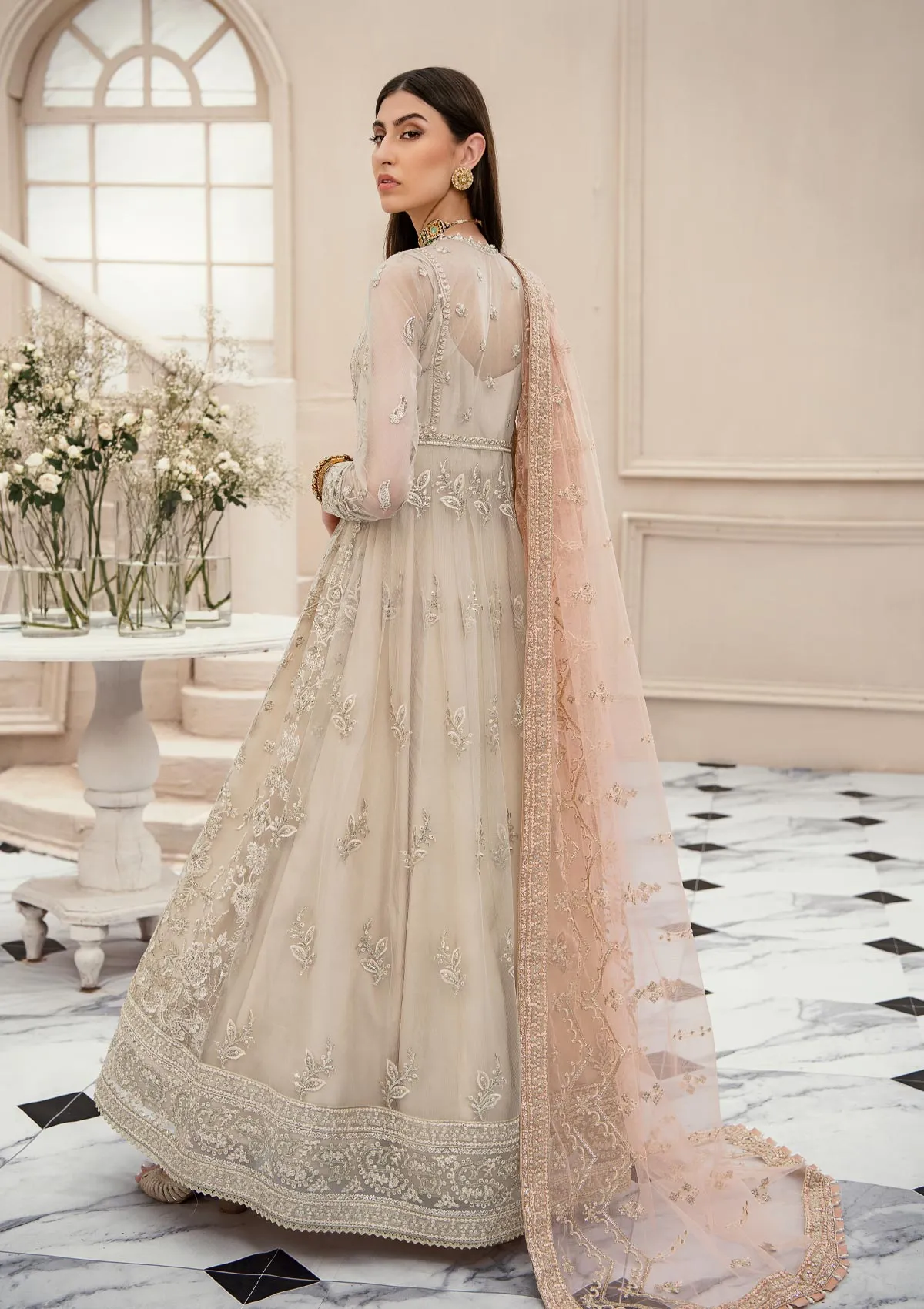 Silver Peach Heavily Embellished Pishwas with Dupatta Wedding Dress
