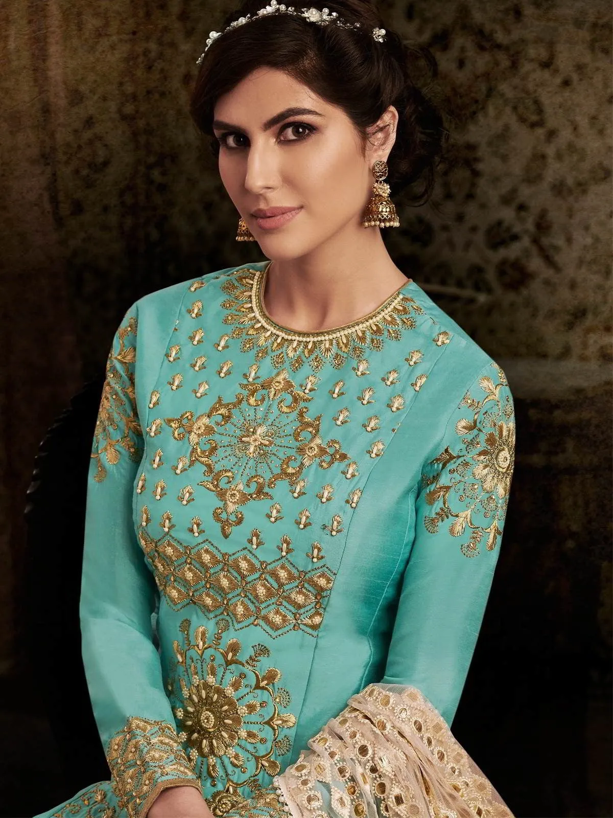 Sky Blue Embroidered Party Wear Pant Suit