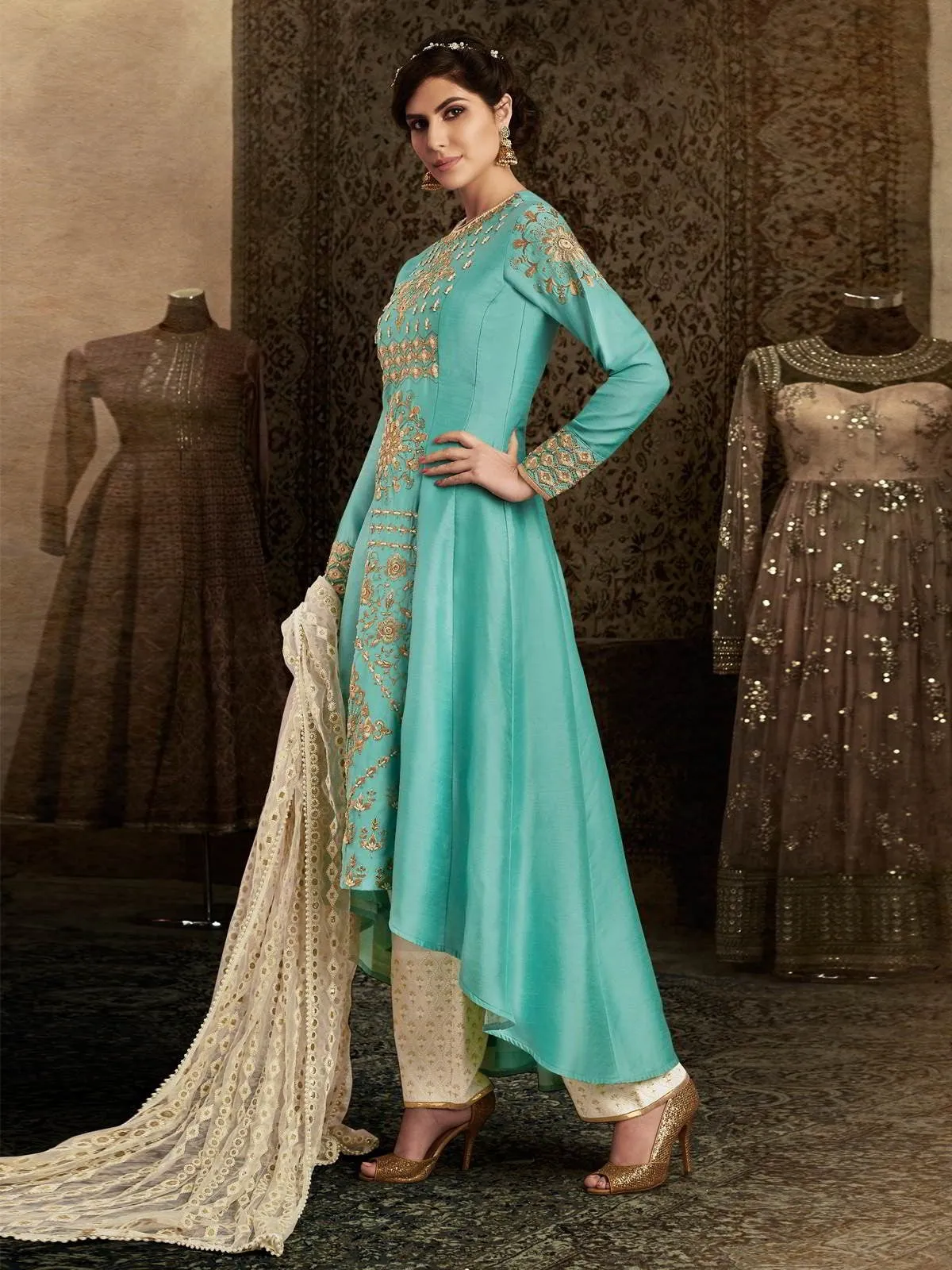 Sky Blue Embroidered Party Wear Pant Suit