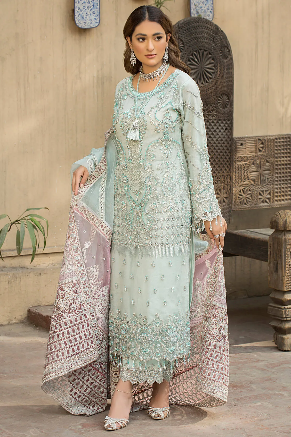 Sky Blue Hand Embellished Kameez Trousers Pakistani Party Dress