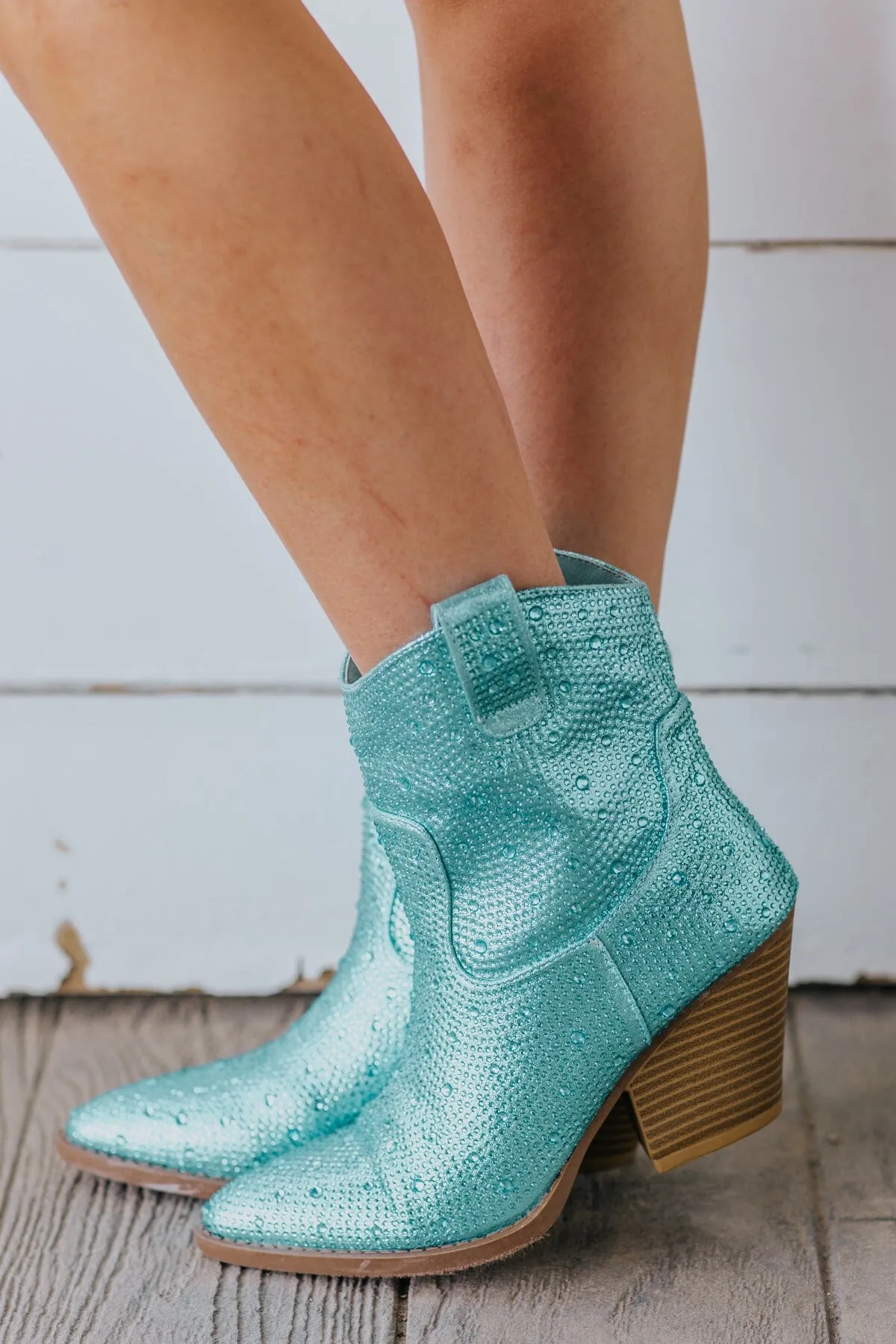 Sky Blue Rhinestone Point Toe Western Bootie