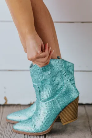 Sky Blue Rhinestone Point Toe Western Bootie