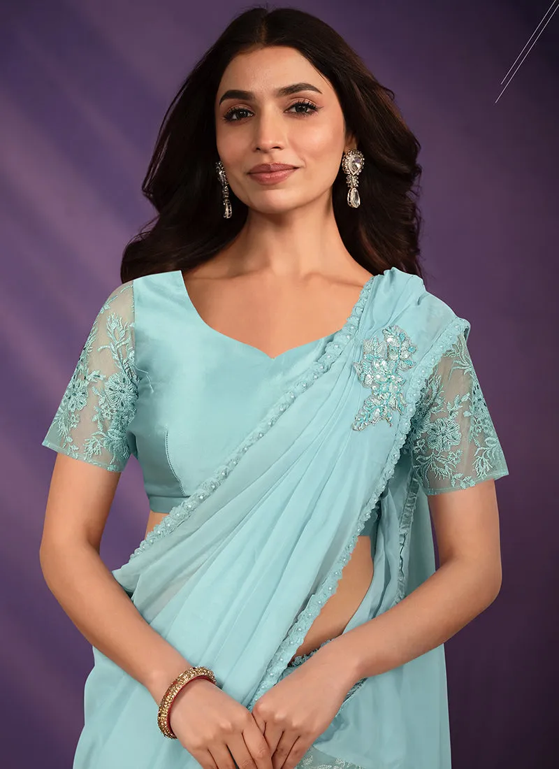 Sky Blue Sequence Embroidery Wedding Silk Saree