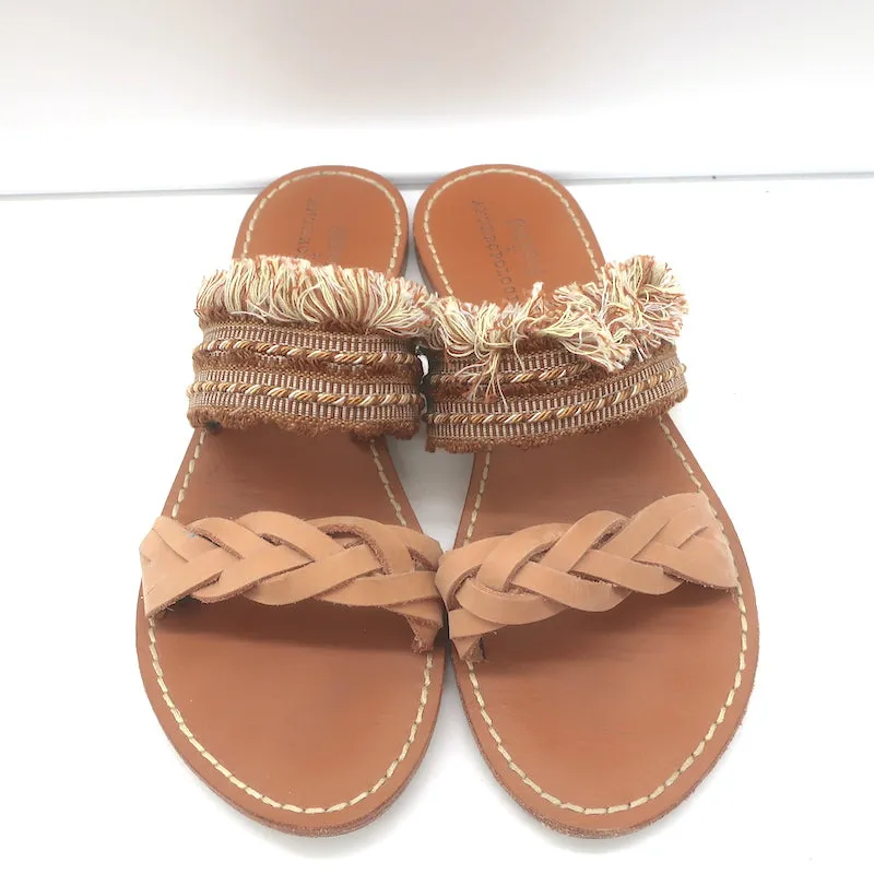 Soludos x Anthropologie Panarea Fringe Slide Sandals Tan Braided Leather Size 10