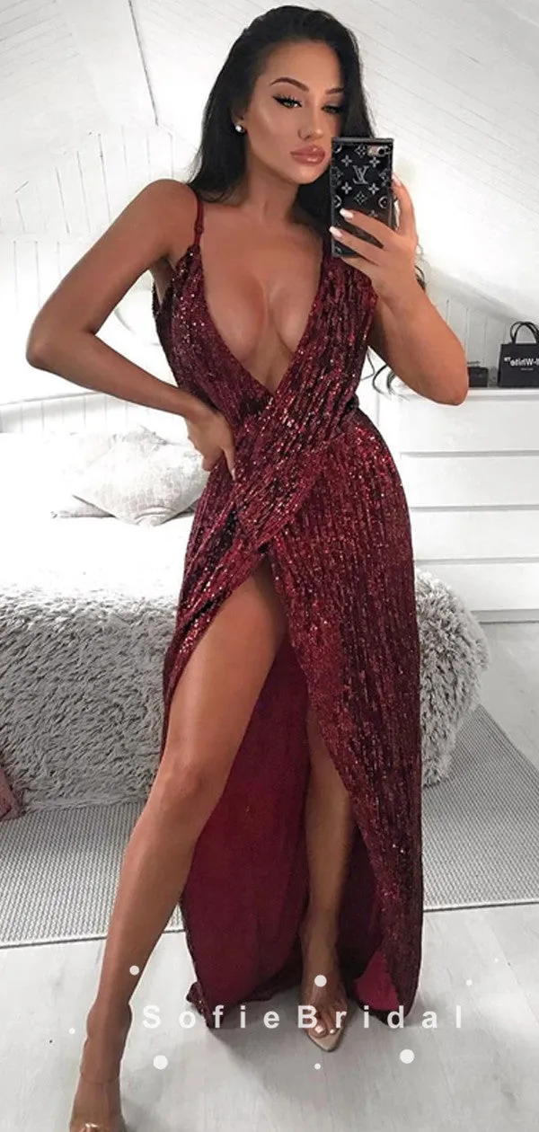 Sparkly A-Line Deep V-Neck Spaghetti Straps Split Side Long Prom Dresses,SFPD0082