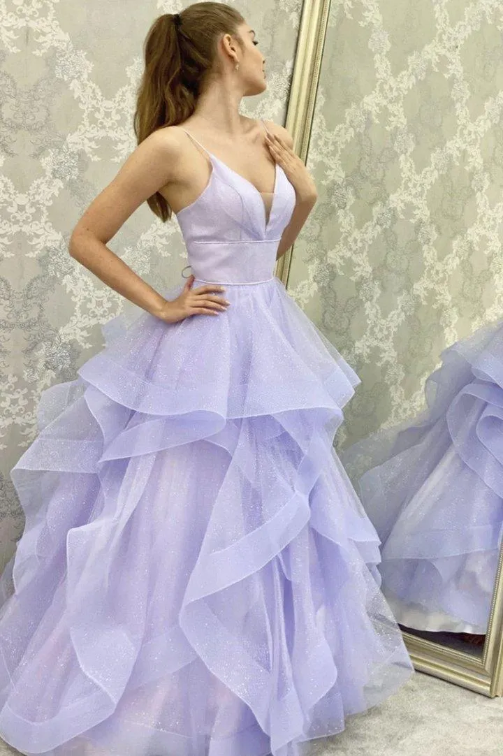 Sparkly A line Purple Tulle V Neck Long Prom Evening Dress With Sleeveless TP1022