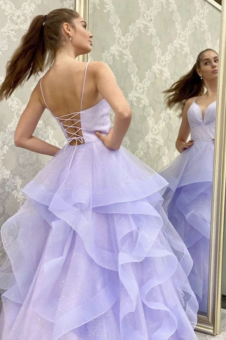 Sparkly A line Purple Tulle V Neck Long Prom Evening Dress With Sleeveless TP1022