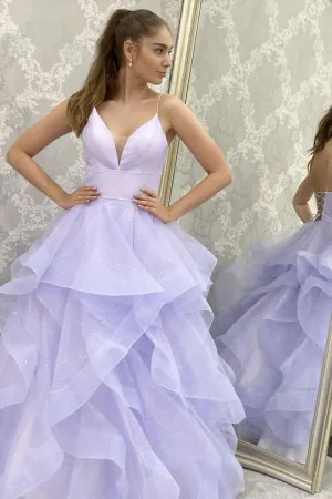 Sparkly A line Purple Tulle V Neck Long Prom Evening Dress With Sleeveless TP1022
