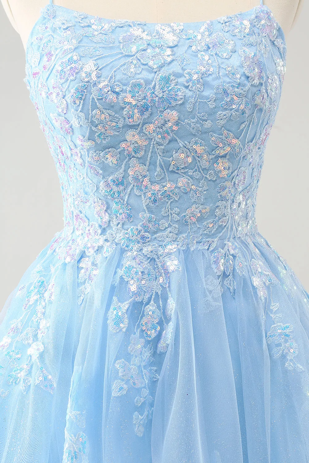 Sparkly Blue A Line Spaghetti Straps Sequin Short Homecoming Dress with Lace Up Back