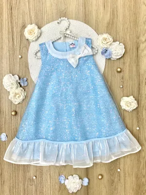Sparkly Blue Bow Sequin Ruffle Dress