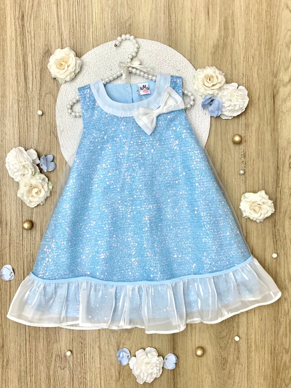 Sparkly Blue Bow Sequin Ruffle Dress