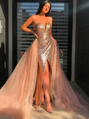 Sparkly Champagne Sequin Strapless V-neck Tulle Train Mermaid Long Prom Dress, PD2400