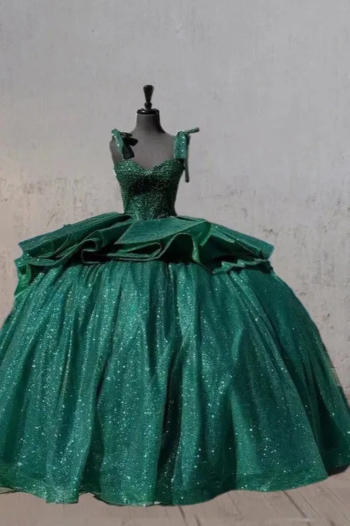 Sparkly Dark Green Spaghetti Straps Quinceanera Dresses