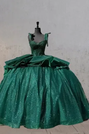 Sparkly Dark Green Spaghetti Straps Quinceanera Dresses