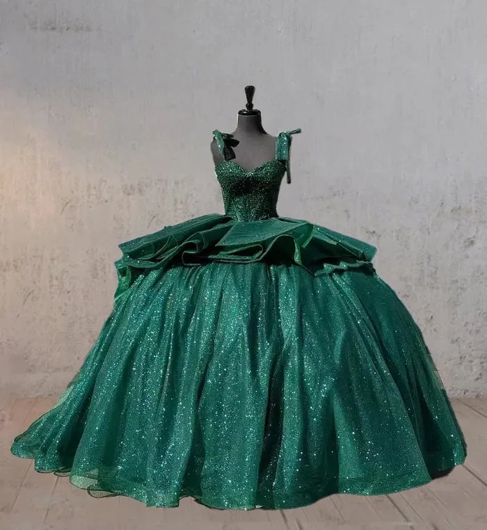 Sparkly Dark Green Spaghetti Straps Quinceanera Dresses