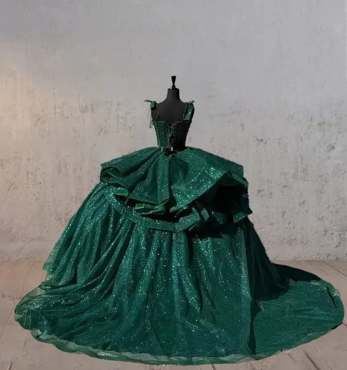 Sparkly Dark Green Spaghetti Straps Quinceanera Dresses