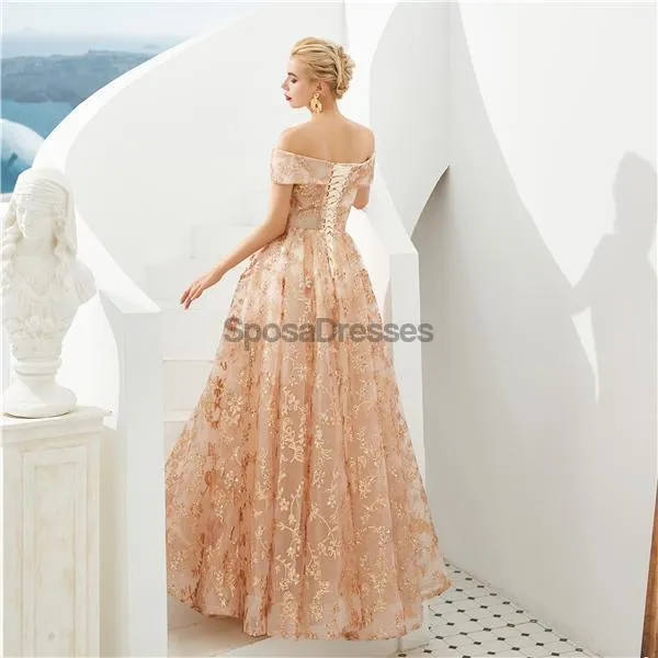 Sparkly Gold A-line Off Shoulder Evening Prom Dresses, Evening Party Prom Dresses, 12126