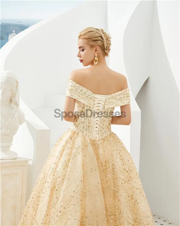 Sparkly Gold A-line Off Shoulder Evening Prom Dresses, Evening Party Prom Dresses, 12126
