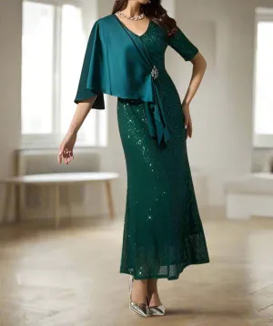 Sparkly Sequin Dark Green Short Sleeve Wedding Party Dress