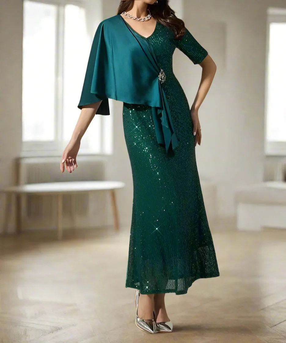 Sparkly Sequin Dark Green Short Sleeve Wedding Party Dress