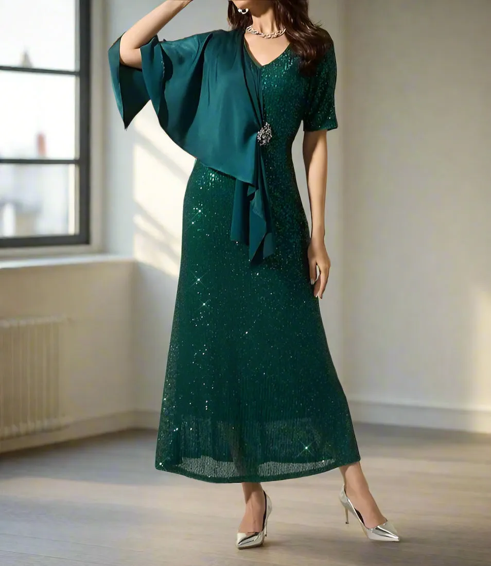 Sparkly Sequin Dark Green Short Sleeve Wedding Party Dress