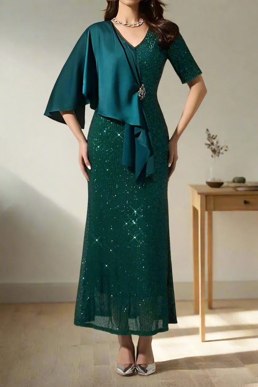 Sparkly Sequin Dark Green Short Sleeve Wedding Party Dress