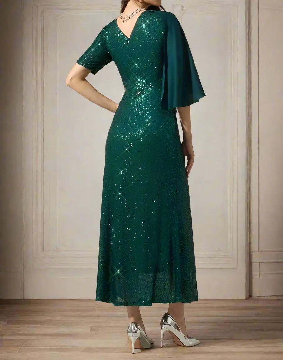 Sparkly Sequin Dark Green Short Sleeve Wedding Party Dress