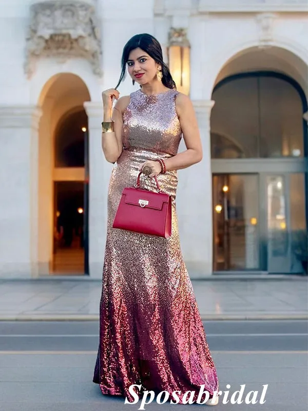 Sparkly Sequin Mermaid Sleeveless Bateau Floor-Length Long Party Prom Dresses, PD3973