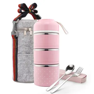 Stackable Lunch Box, ArderLive Portable Stainless Steel Insulated Lunch Box with Lunch Bag & Cutlery, BPA Free Leakproof Food Storage Container with lid.(3Layer,Pink）