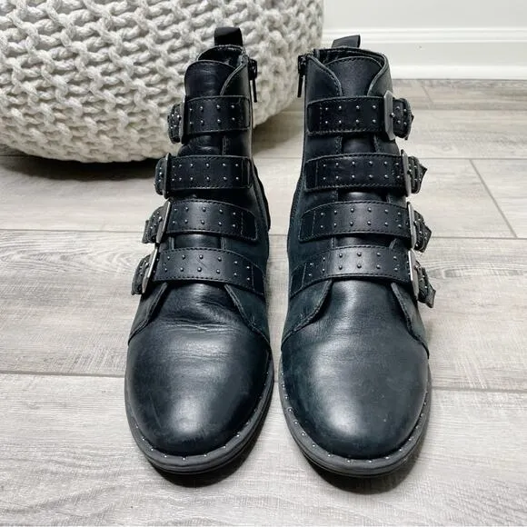 Steve Madden Pursue Studded Buckle Leather Moto Booties Black Size 7.5M