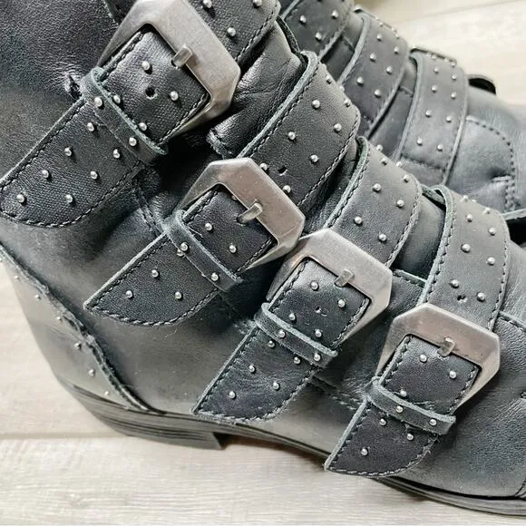 Steve Madden Pursue Studded Buckle Leather Moto Booties Black Size 7.5M