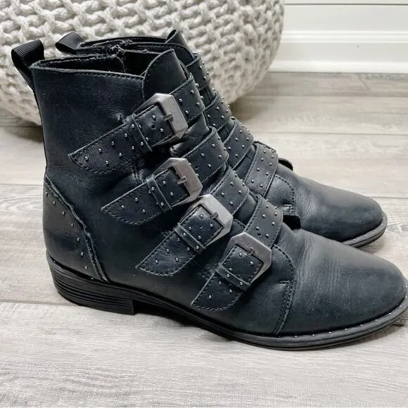 Steve Madden Pursue Studded Buckle Leather Moto Booties Black Size 7.5M