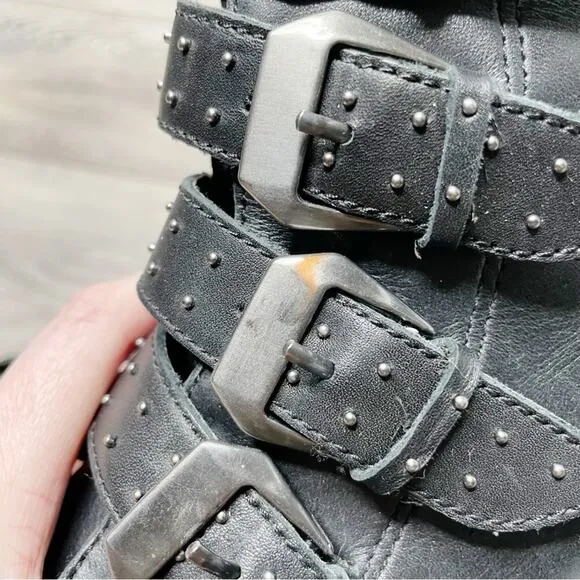 Steve Madden Pursue Studded Buckle Leather Moto Booties Black Size 7.5M