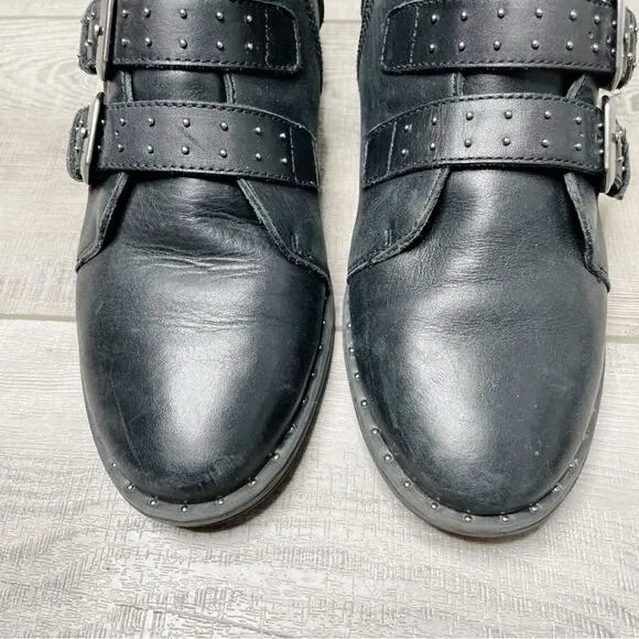 Steve Madden Pursue Studded Buckle Leather Moto Booties Black Size 7.5M