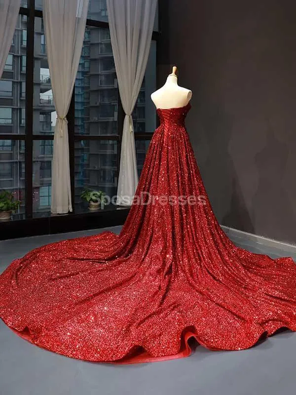 Sweetheart Red Sequin Sparkly Long Evening Prom Dresses, Evening Party Prom Dresses, 12231