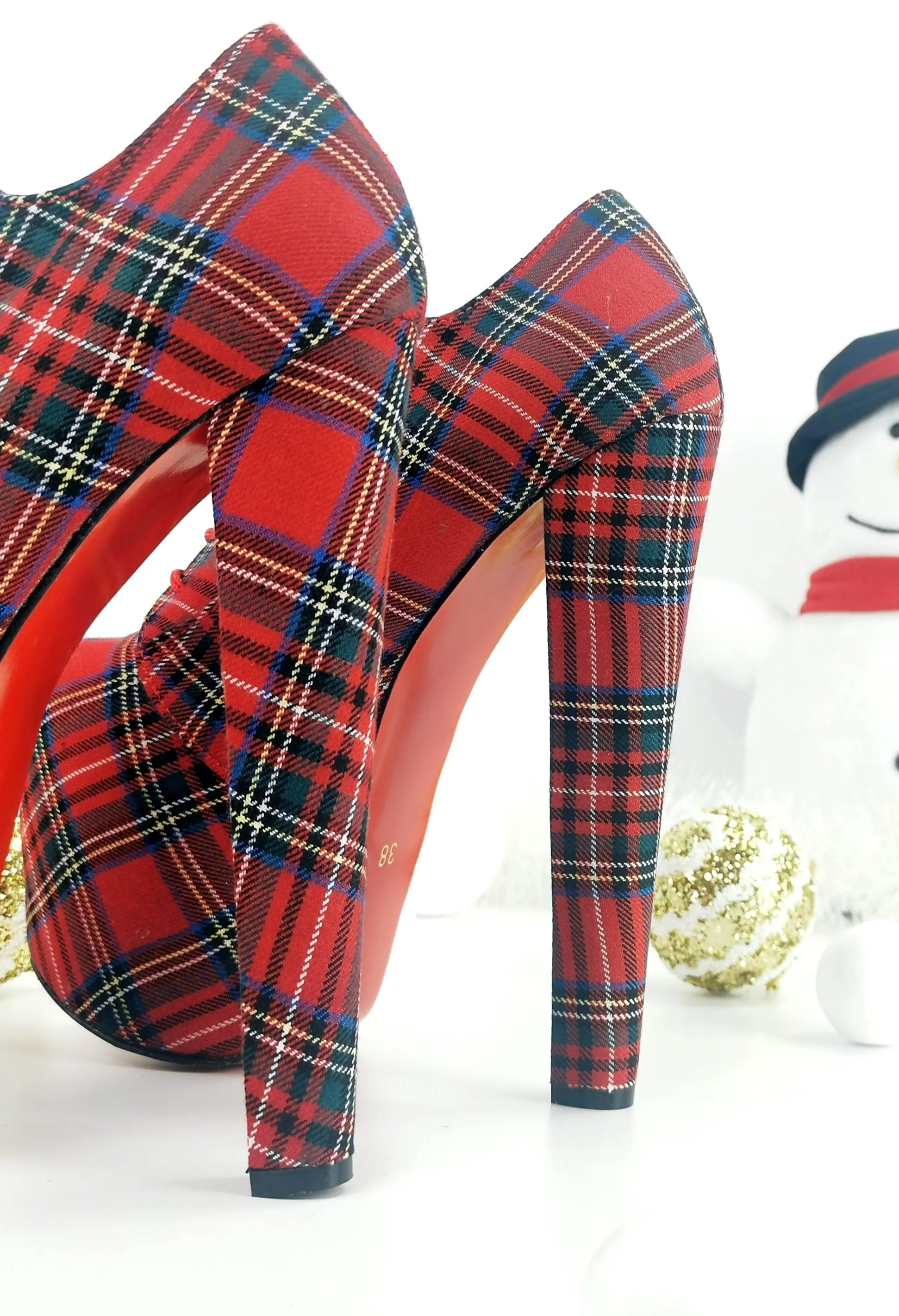 Tartan Red Plaid Oxford Chunky High Heels