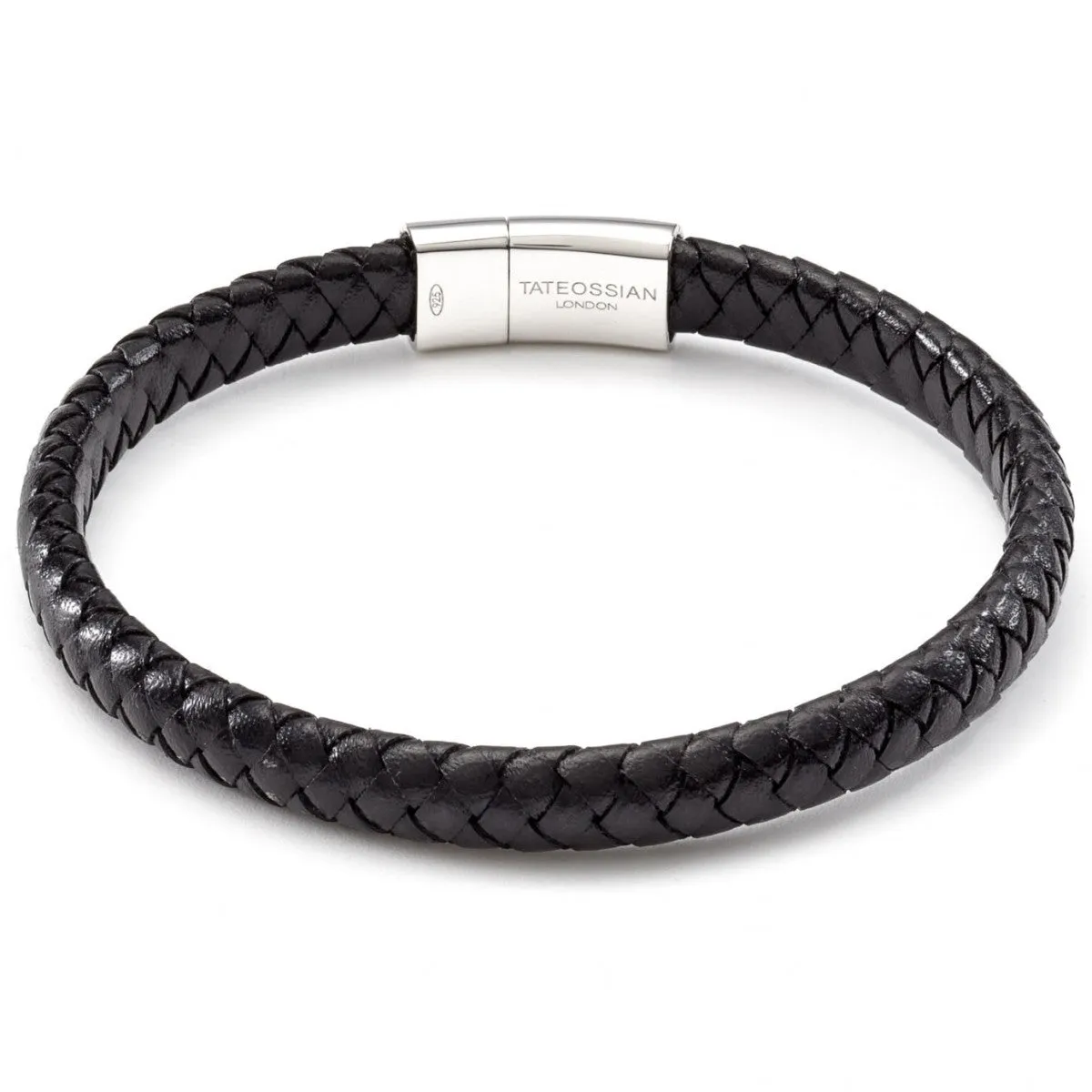 Tateossian Men's Leather Cobra Weave Bracelet with Sterling Silver Clasp, Black