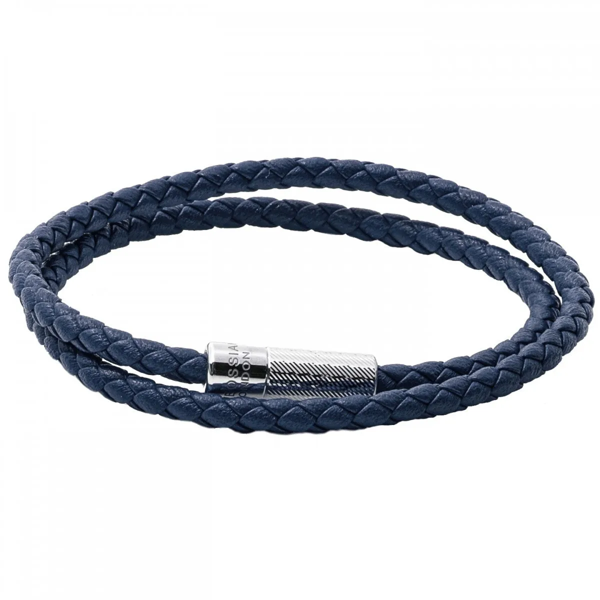 Tateossian POP Rigato Braided Leather Wrap Bracelet with Sterling Silver Cylindrical Pop Tube Clasp, Navy