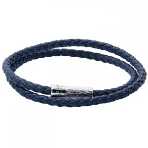 Tateossian POP Rigato Braided Leather Wrap Bracelet with Sterling Silver Cylindrical Pop Tube Clasp, Navy