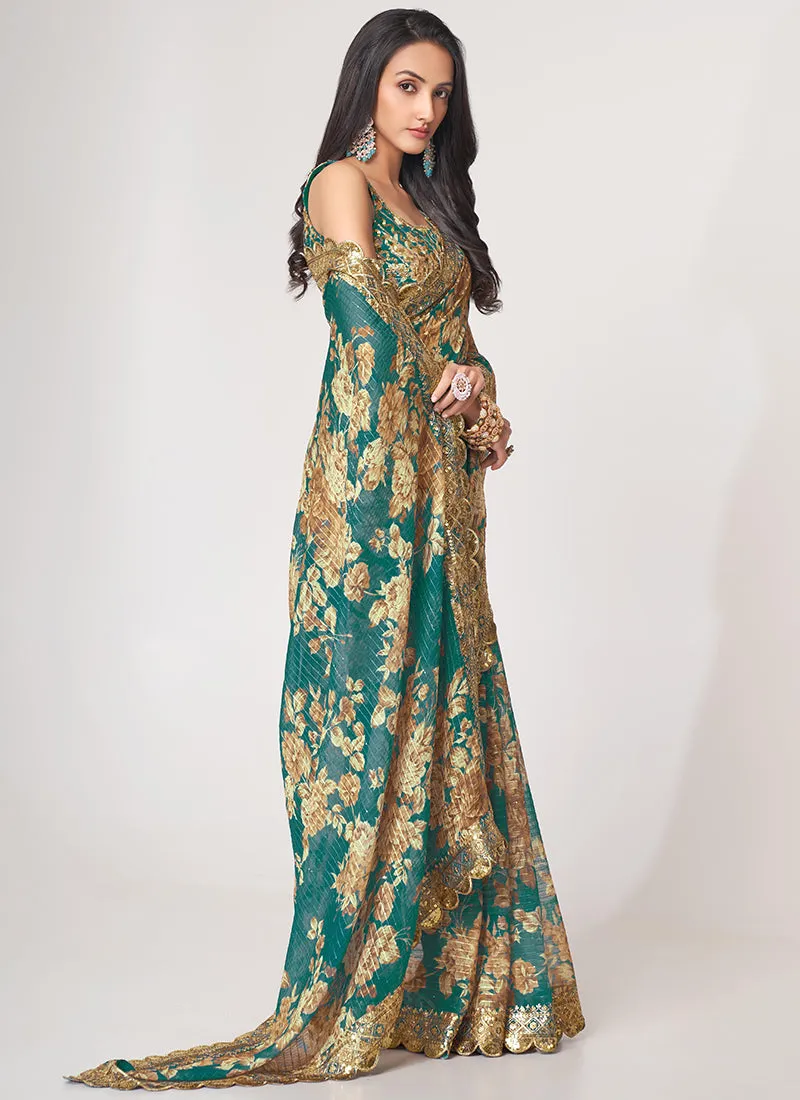 Teal Blue Floral Print And Sequence Embroidery Organza Saree