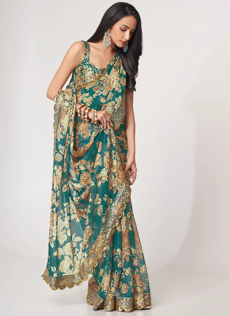 Teal Blue Floral Print And Sequence Embroidery Organza Saree