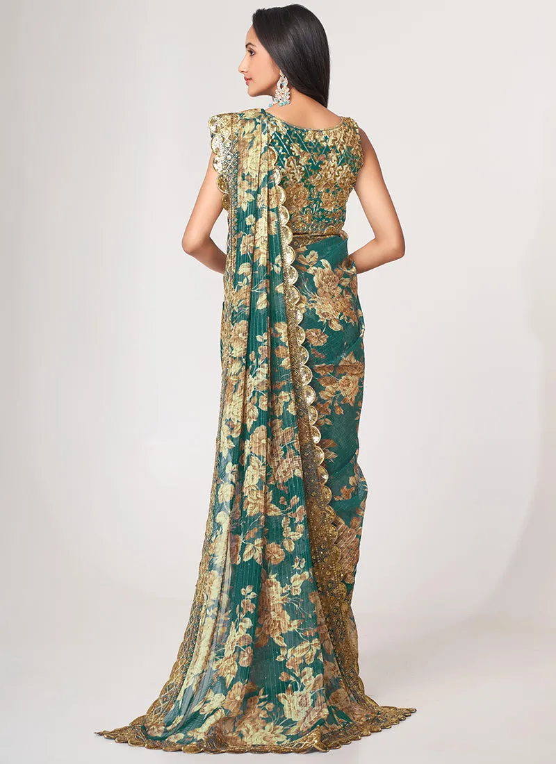 Teal Blue Floral Print And Sequence Embroidery Organza Saree