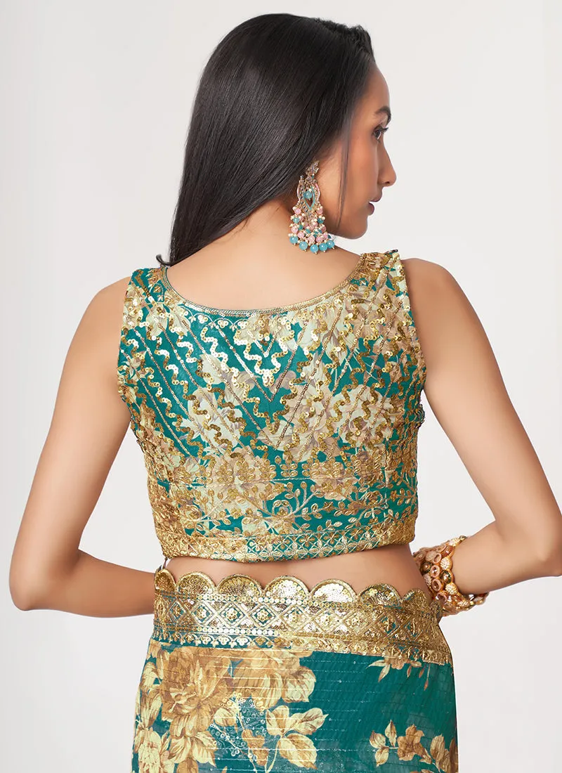 Teal Blue Floral Print And Sequence Embroidery Organza Saree