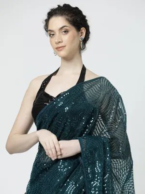 Teal Sequin Embellished Georgette Saree