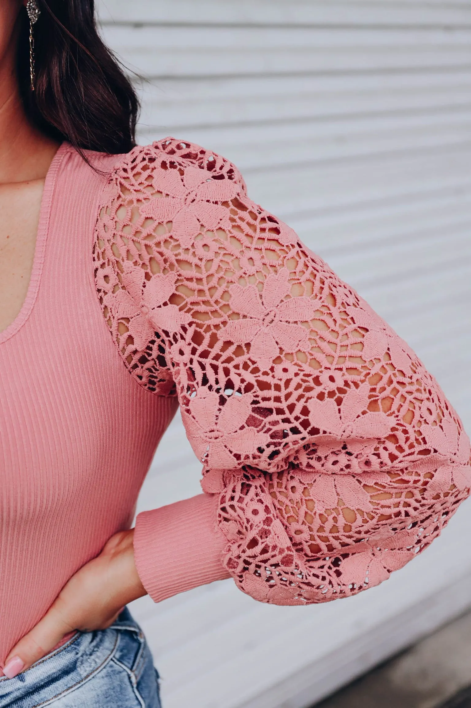 The Little Things Crochet Sleeve Bodysuit - Mauve