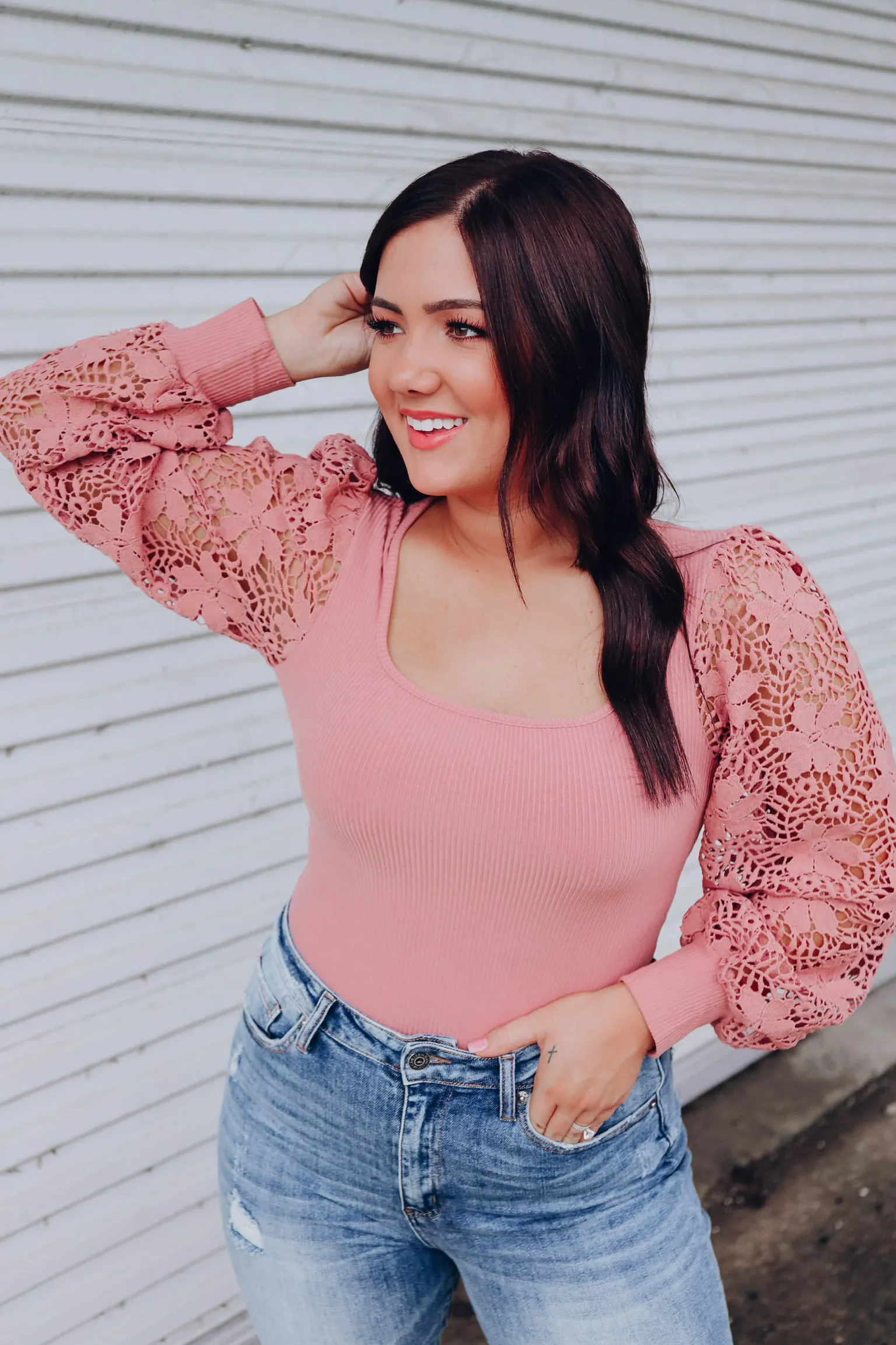 The Little Things Crochet Sleeve Bodysuit - Mauve
