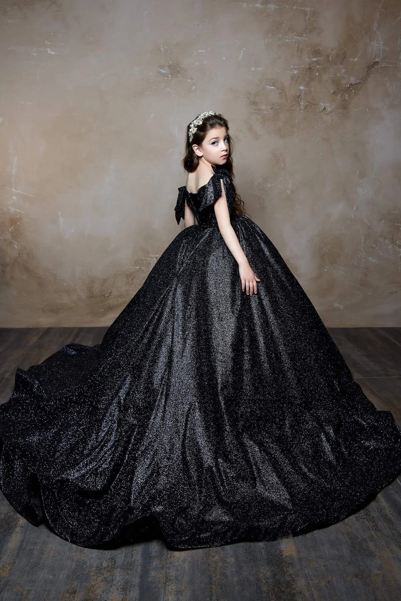 Tina Black Glitter Girl Ball Gown with Bows