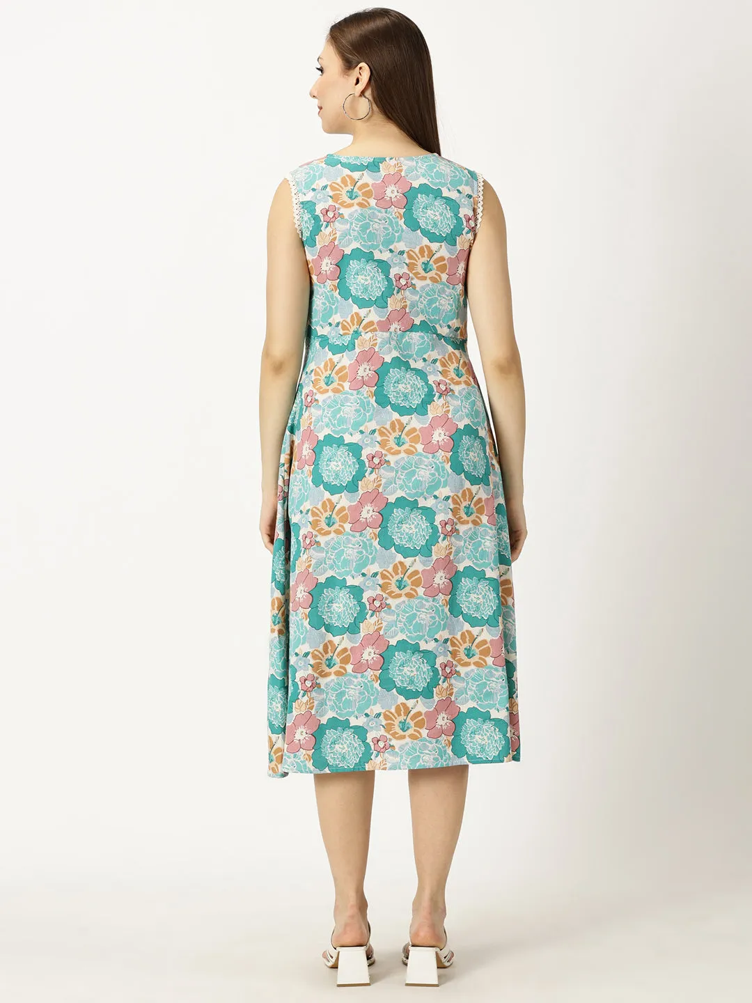 Turqouise Floral Printed Dress with Braided Neck Tie-up and Lace inserts
