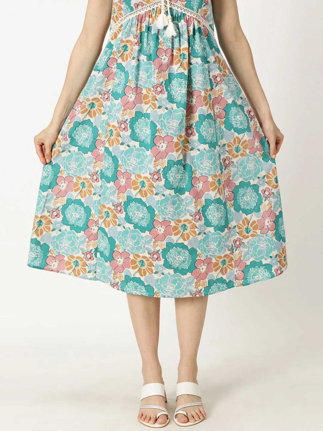 Turqouise Floral Printed Dress with Braided Neck Tie-up and Lace inserts