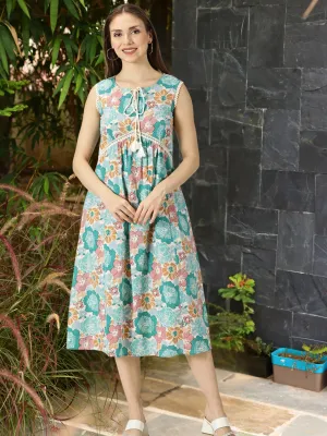 Turqouise Floral Printed Dress with Braided Neck Tie-up and Lace inserts